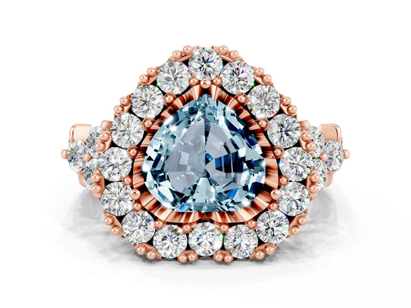 Rose gold Heart Cut Aquamarine Halo Ring with Pavé Band and Four-Prong Setting
