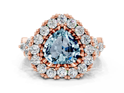 Rose gold Heart Cut Aquamarine Halo Ring with Pavé Band and Four-Prong Setting_12