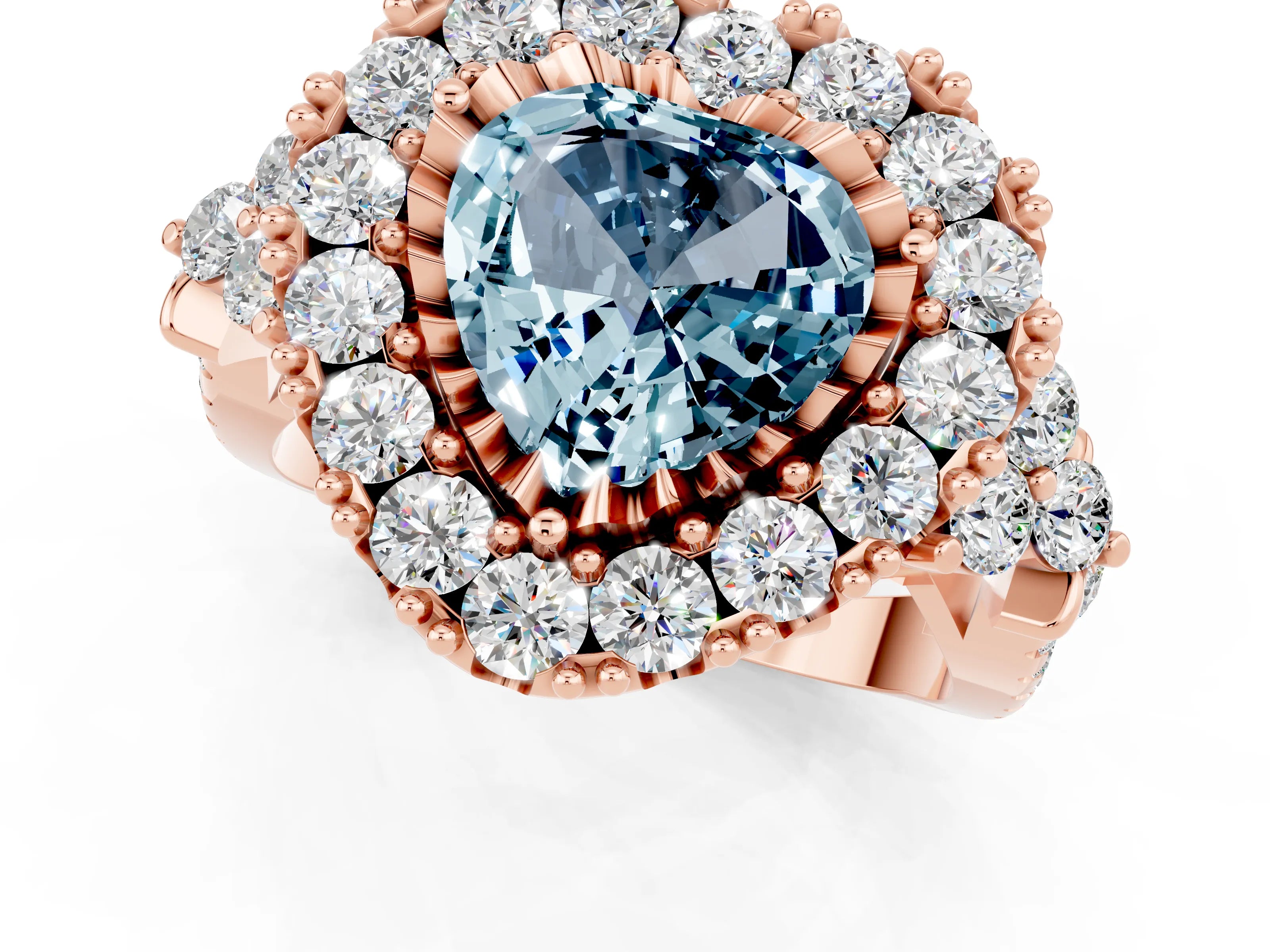 Rose gold Heart Cut Aquamarine Halo Ring with Pavé Band and Four-Prong Setting_13