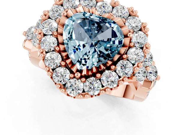 Rose gold Heart Cut Aquamarine Halo Ring with Pavé Band and Four-Prong Setting