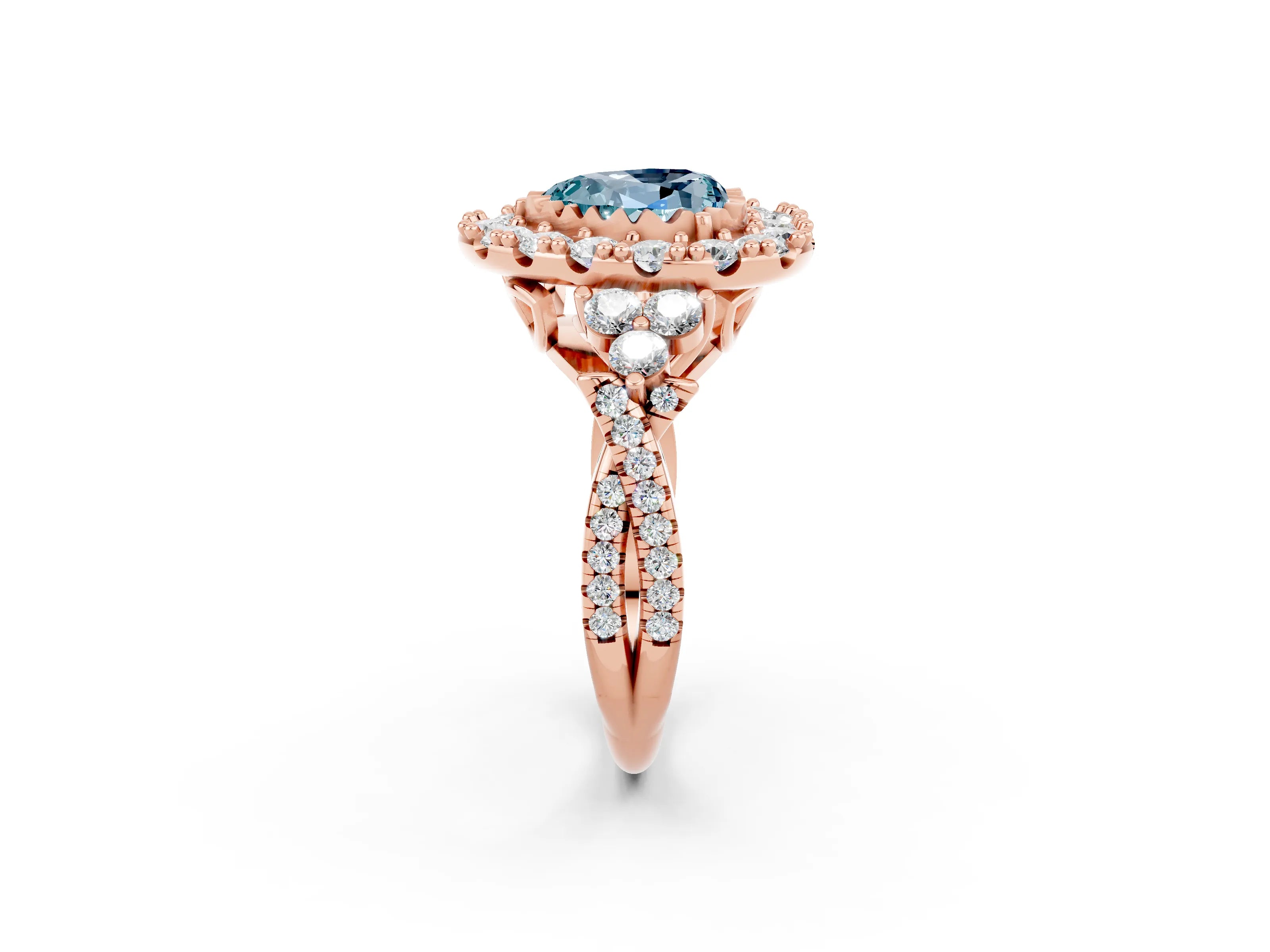 Rose gold Heart Cut Aquamarine Halo Ring with Pavé Band and Four-Prong Setting_14