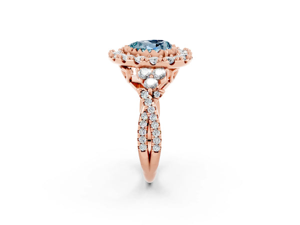 Rose gold Heart Cut Aquamarine Halo Ring with Pavé Band and Four-Prong Setting