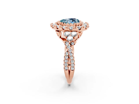 Rose gold Heart Cut Aquamarine Halo Ring with Pavé Band and Four-Prong Setting_14