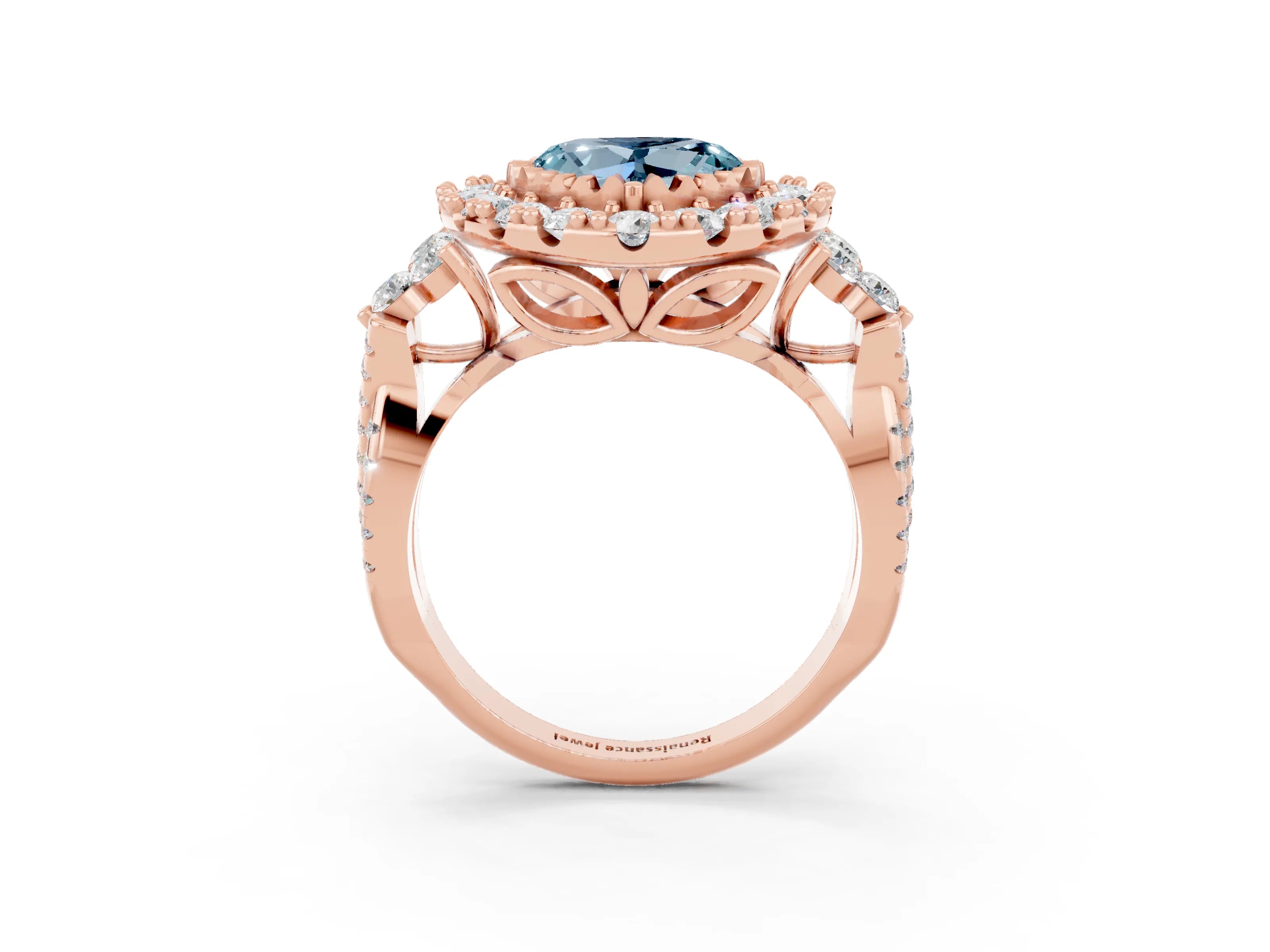 Rose gold Heart Cut Aquamarine Halo Ring with Pavé Band and Four-Prong Setting_15