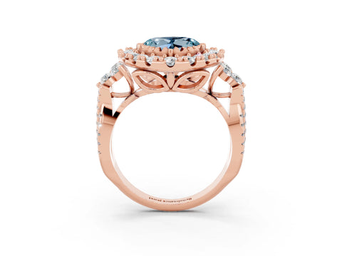 Rose gold Heart Cut Aquamarine Halo Ring with Pavé Band and Four-Prong Setting_15
