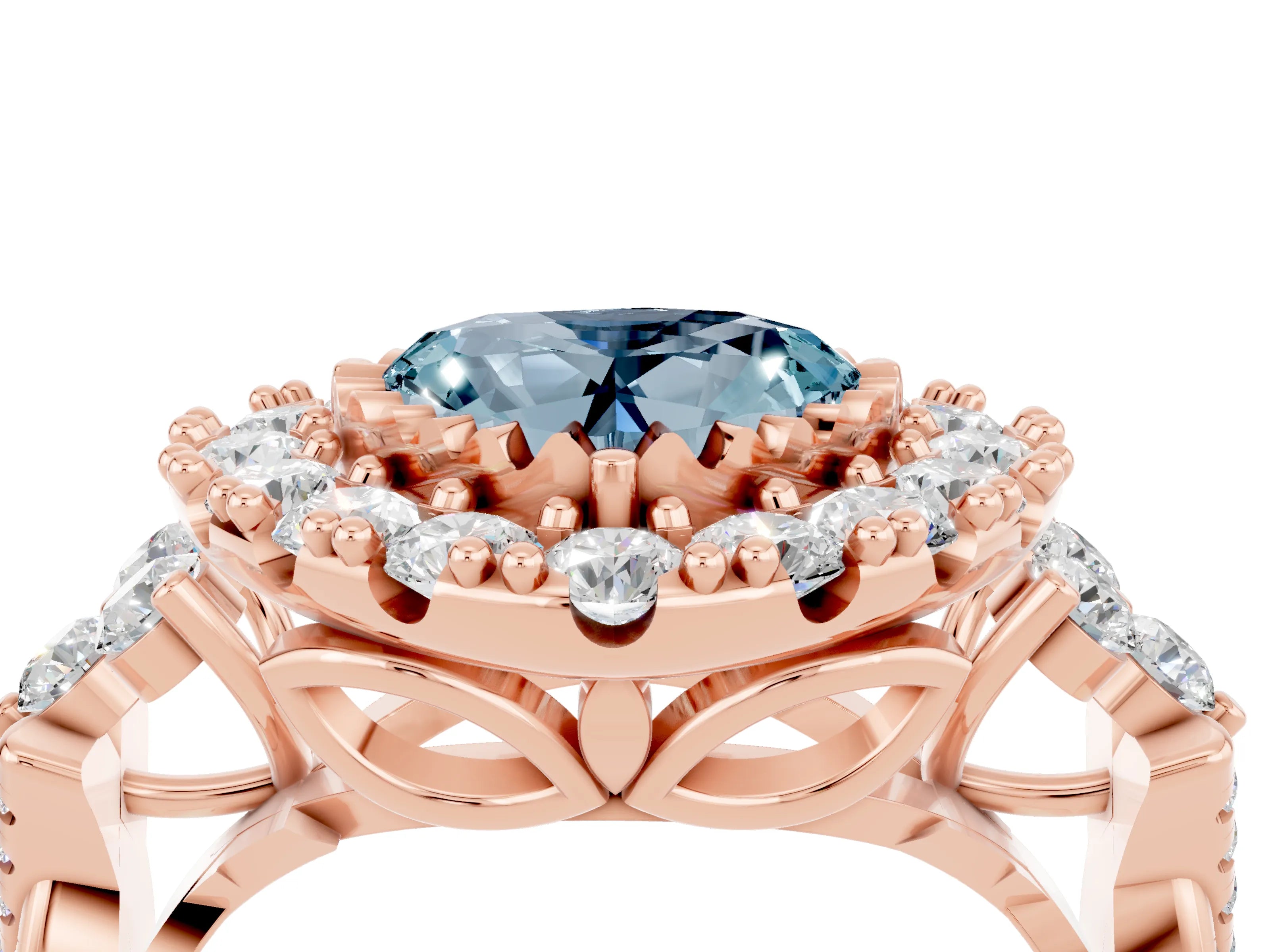 Rose gold Heart Cut Aquamarine Halo Ring with Pavé Band and Four-Prong Setting_16