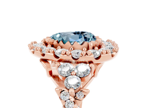 Rose gold Heart Cut Aquamarine Halo Ring with Pavé Band and Four-Prong Setting_17