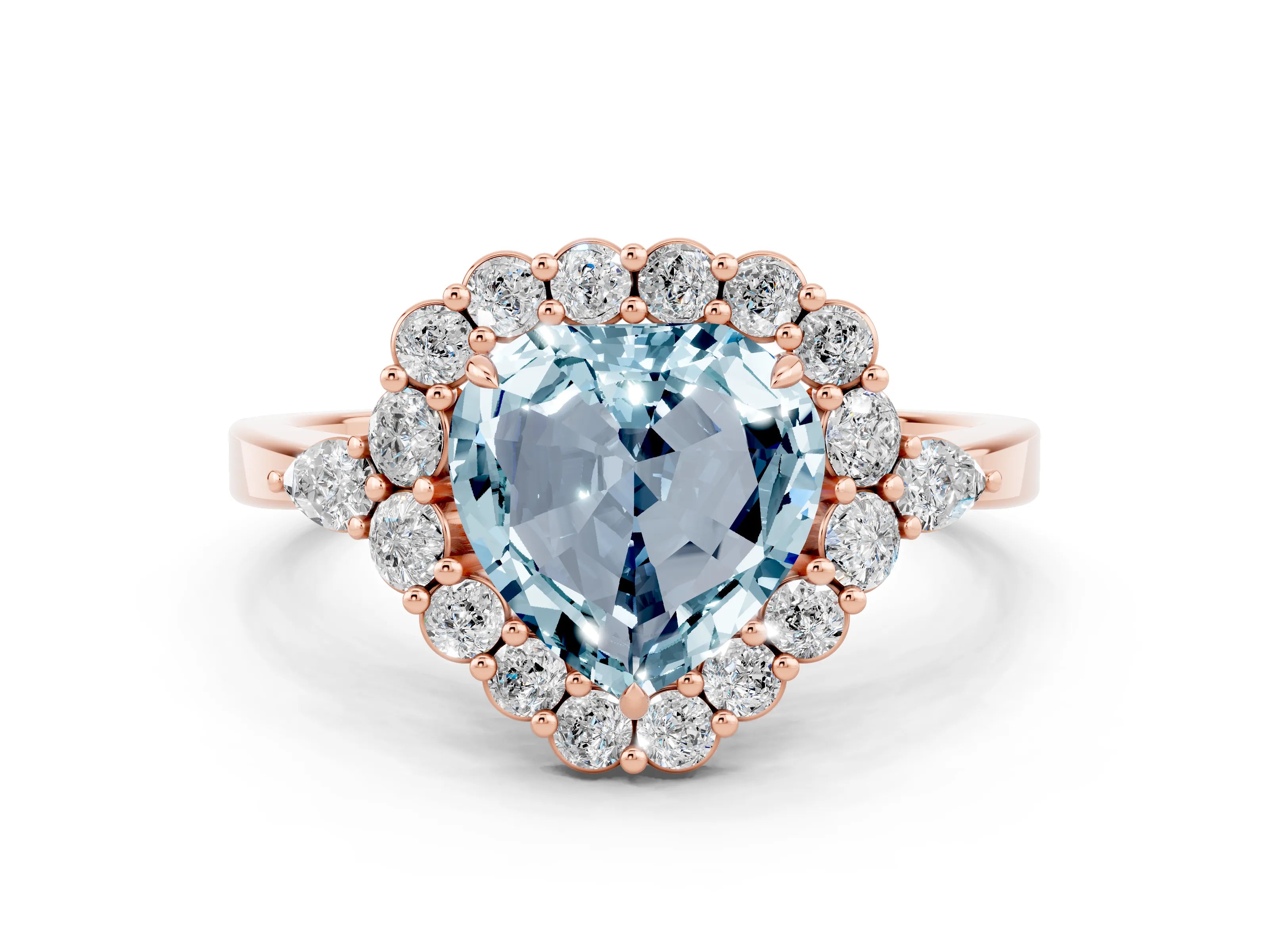 Rose gold Heart Cut Aquamarine Halo Ring with Pear Side Stones and Prong Setting_12