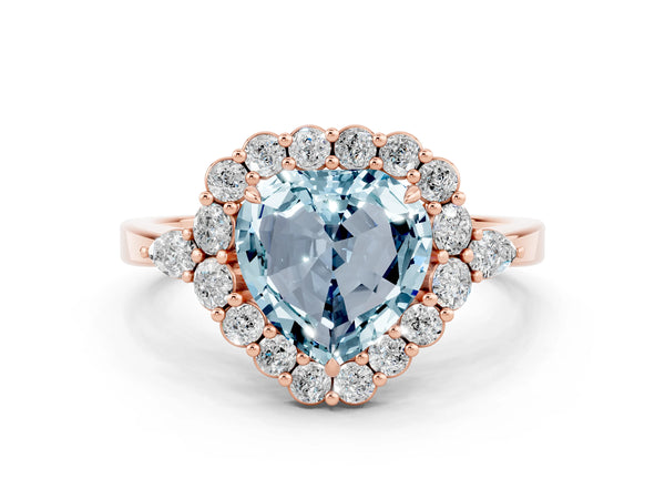 Rose gold Heart Cut Aquamarine Halo Ring with Pear Side Stones and Prong Setting