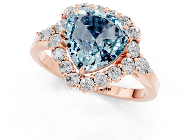 Rose gold Heart Cut Aquamarine Halo Ring with Pear Side Stones and Prong Setting