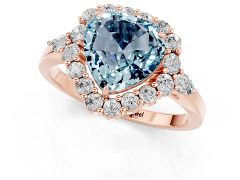 Rose gold Heart Cut Aquamarine Halo Ring with Pear Side Stones and Prong Setting_13
