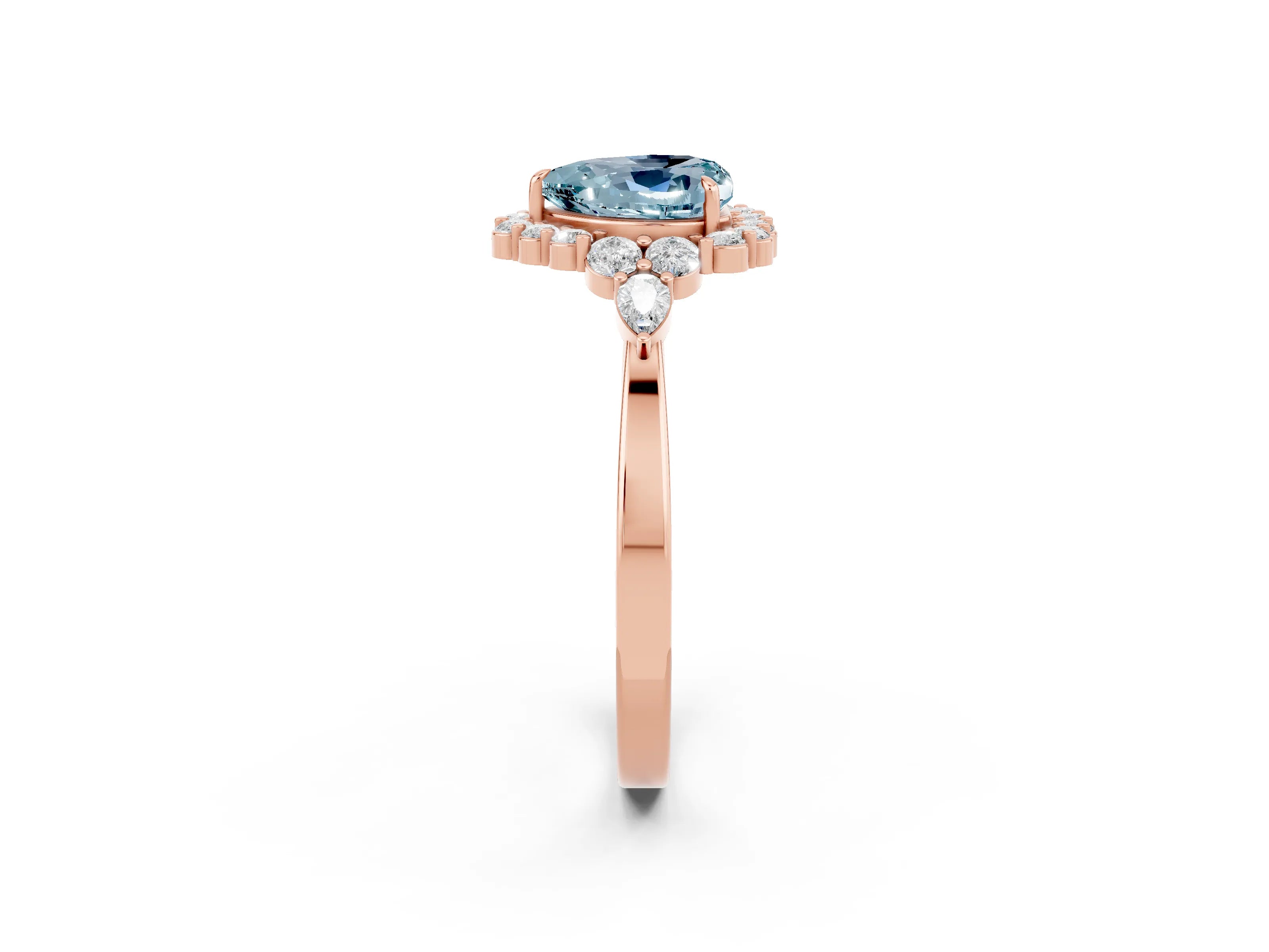 Rose gold Heart Cut Aquamarine Halo Ring with Pear Side Stones and Prong Setting_14
