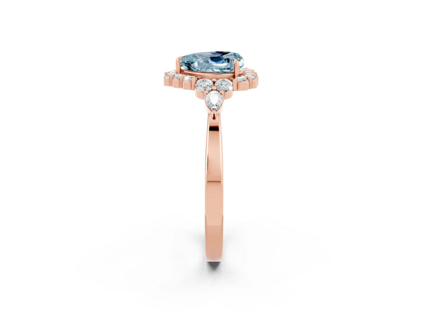 Rose gold Heart Cut Aquamarine Halo Ring with Pear Side Stones and Prong Setting