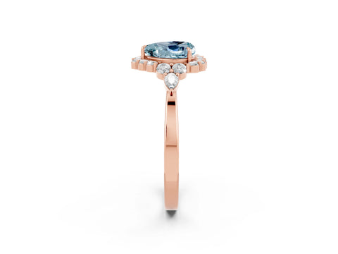 Rose gold Heart Cut Aquamarine Halo Ring with Pear Side Stones and Prong Setting_14