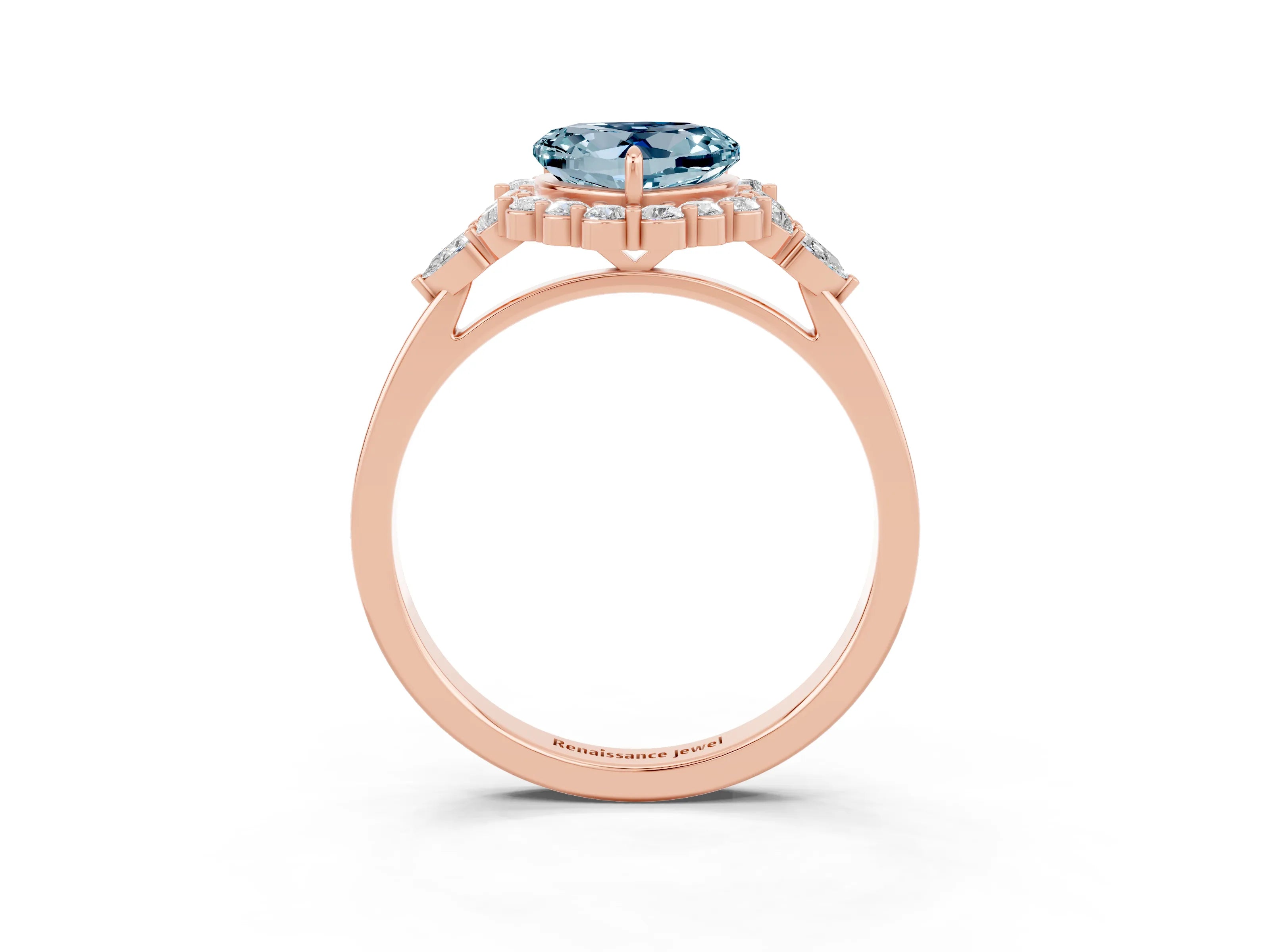Rose gold Heart Cut Aquamarine Halo Ring with Pear Side Stones and Prong Setting_15