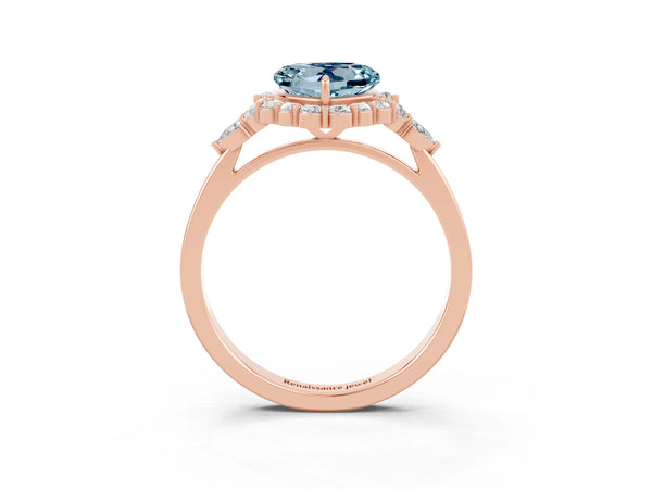 Rose gold Heart Cut Aquamarine Halo Ring with Pear Side Stones and Prong Setting