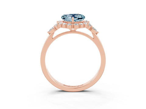 Rose gold Heart Cut Aquamarine Halo Ring with Pear Side Stones and Prong Setting_15