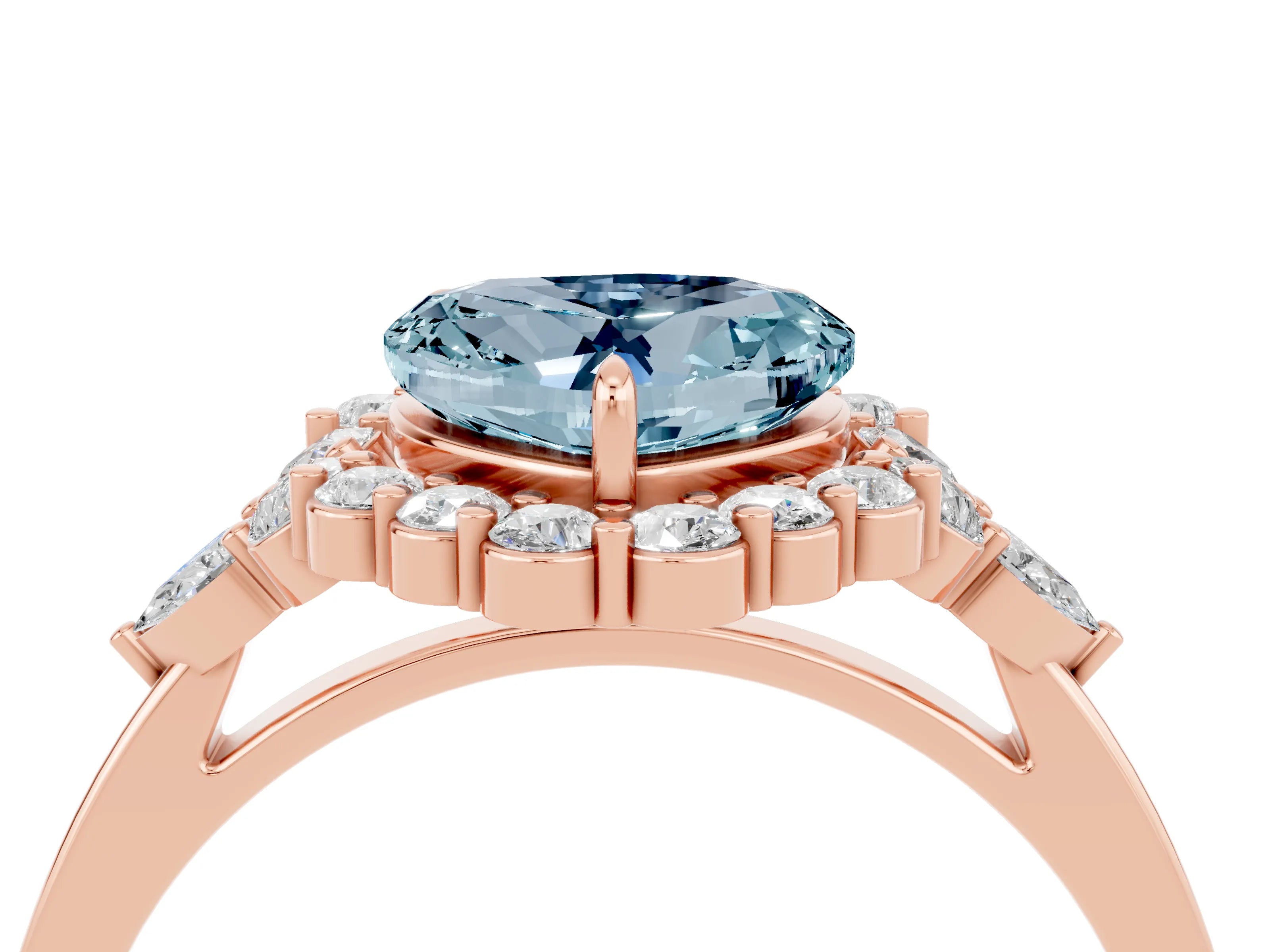 Rose gold Heart Cut Aquamarine Halo Ring with Pear Side Stones and Prong Setting_16
