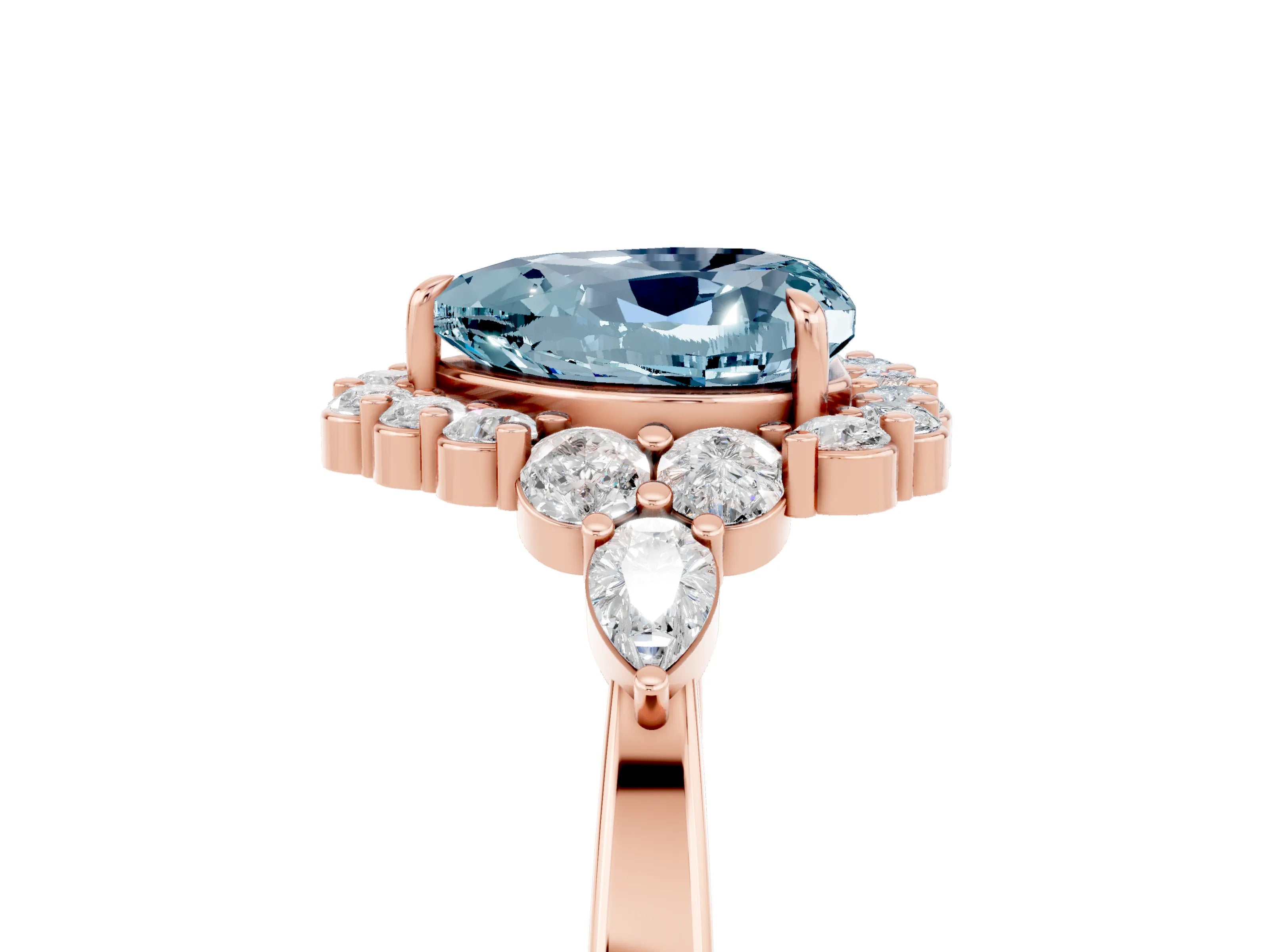 Rose gold Heart Cut Aquamarine Halo Ring with Pear Side Stones and Prong Setting_17