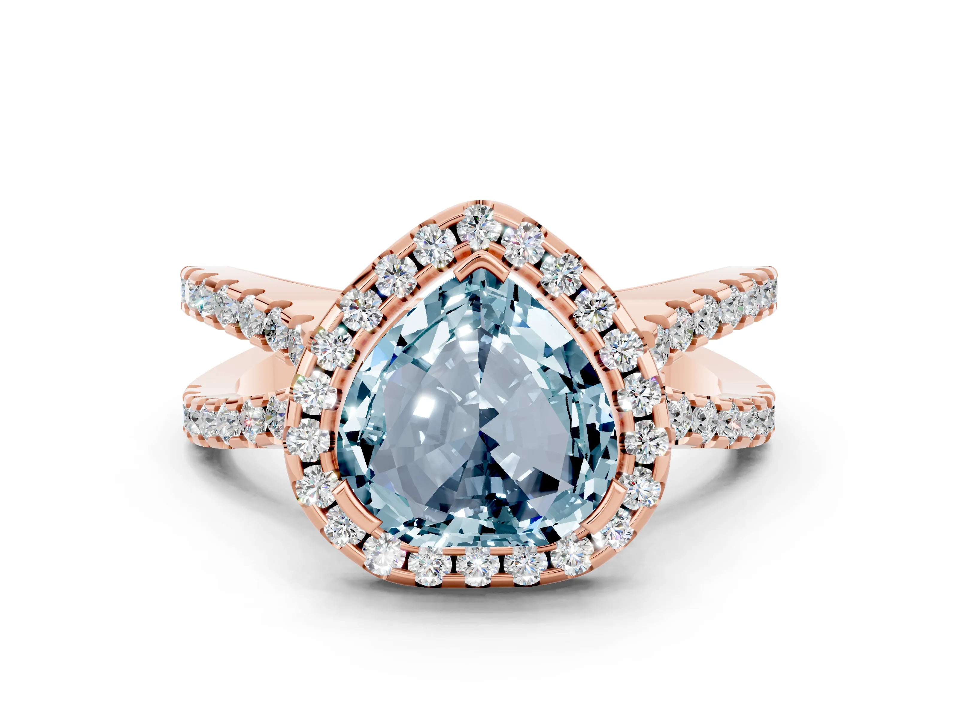 Rose gold Heart Cut Aquamarine Halo Ring with Split Shank Pavé Band and Prong Setting