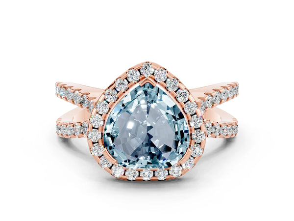 Rose gold Heart Cut Aquamarine Halo Ring with Split Shank Pavé Band and Prong Setting