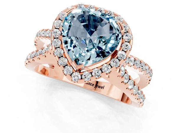 Rose gold Heart Cut Aquamarine Halo Ring with Split Shank Pavé Band and Prong Setting
