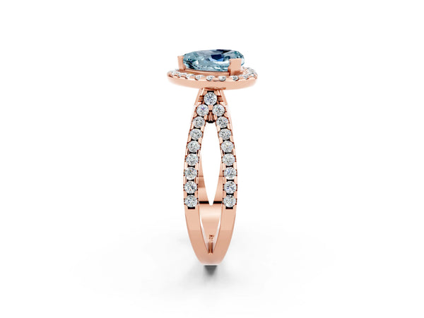Rose gold Heart Cut Aquamarine Halo Ring with Split Shank Pavé Band and Prong Setting