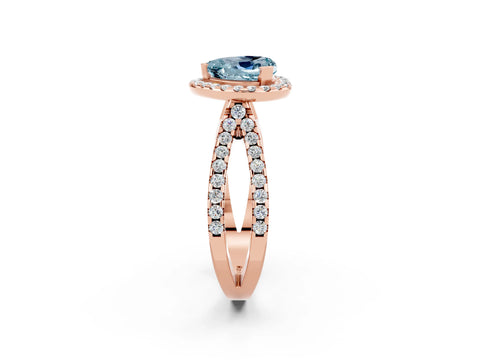 Rose gold Heart Cut Aquamarine Halo Ring with Split Shank Pavé Band and Prong Setting_2