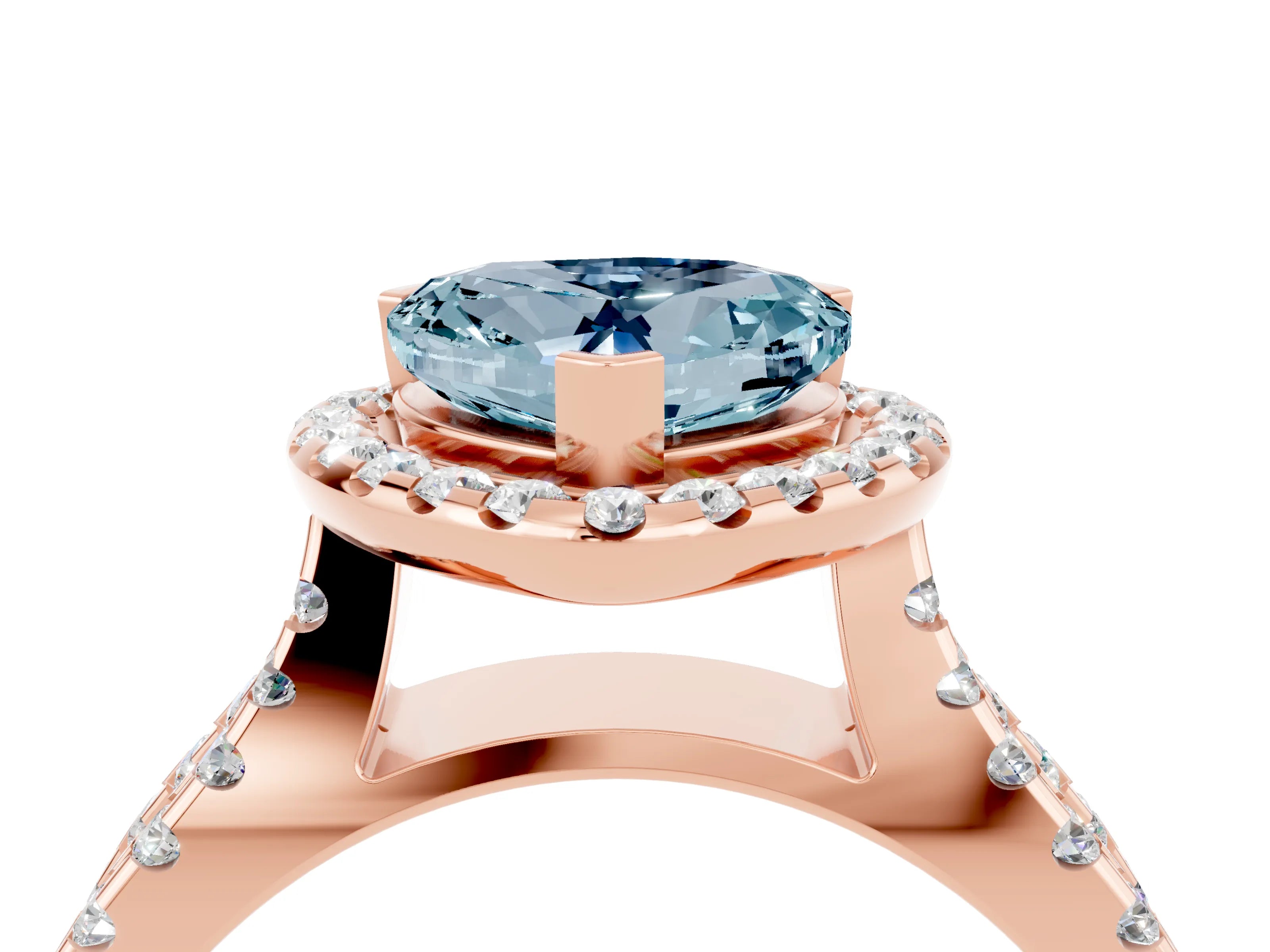 Rose gold Heart Cut Aquamarine Halo Ring with Split Shank Pavé Band and Prong Setting_4