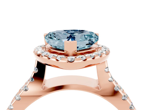 Rose gold Heart Cut Aquamarine Halo Ring with Split Shank Pavé Band and Prong Setting_4
