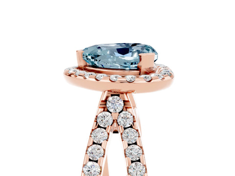 Rose gold Heart Cut Aquamarine Halo Ring with Split Shank Pavé Band and Prong Setting_5