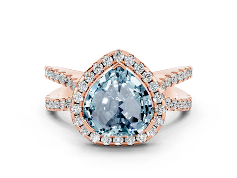 Rose gold Heart Cut Aquamarine Halo Ring with Split Shank Pavé Band and Prong Setting