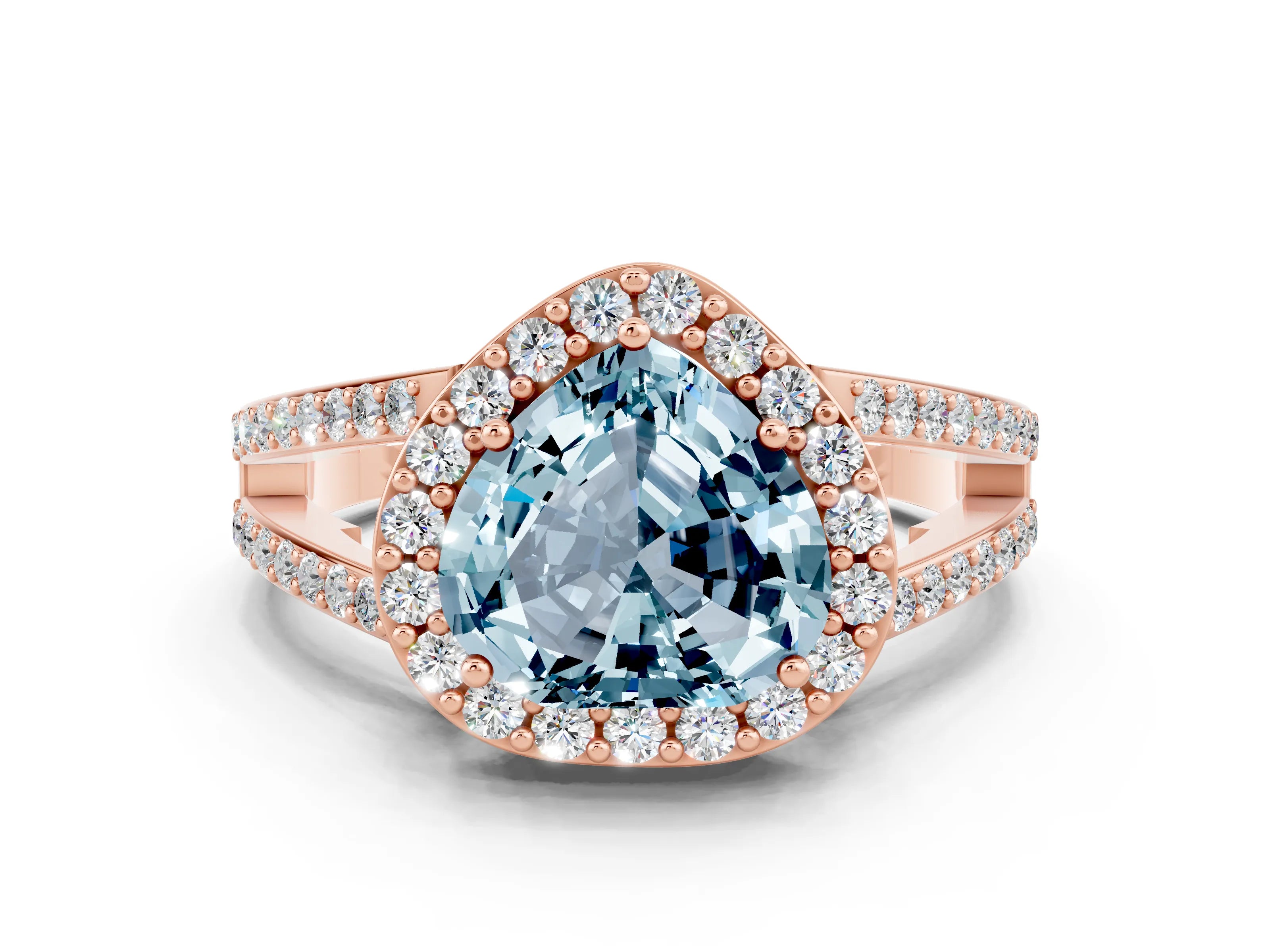 Rose gold Heart Cut Aquamarine Halo Ring with Split Shank U-Prong Band and Four-Prong Setting