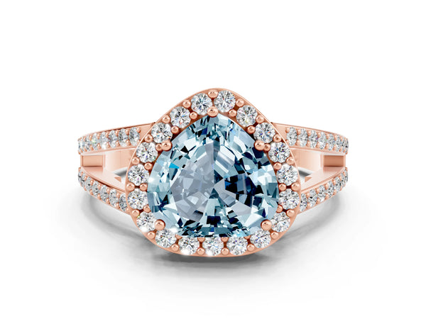 Rose gold Heart Cut Aquamarine Halo Ring with Split Shank U-Prong Band and Four-Prong Setting
