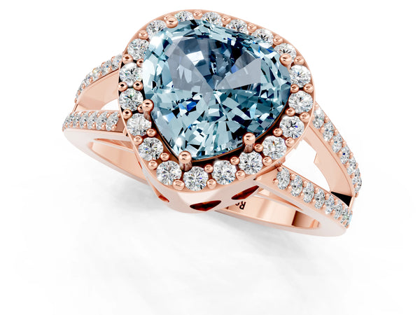 Rose gold Heart Cut Aquamarine Halo Ring with Split Shank U-Prong Band and Four-Prong Setting