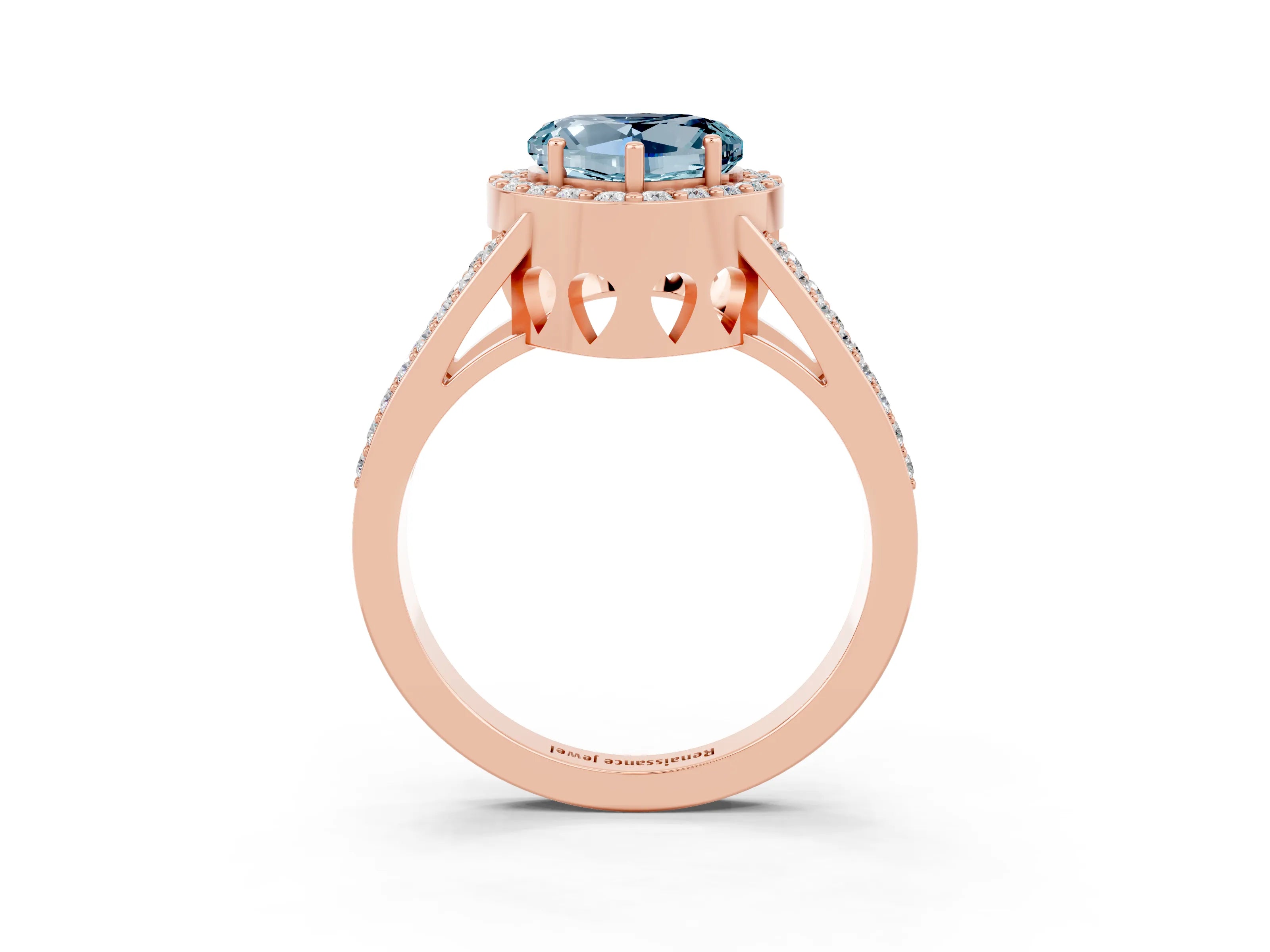 Rose gold Heart Cut Aquamarine Halo Ring with Split Shank U-Prong Band and Four-Prong Setting_3
