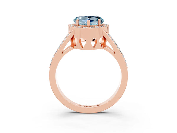 Rose gold Heart Cut Aquamarine Halo Ring with Split Shank U-Prong Band and Four-Prong Setting