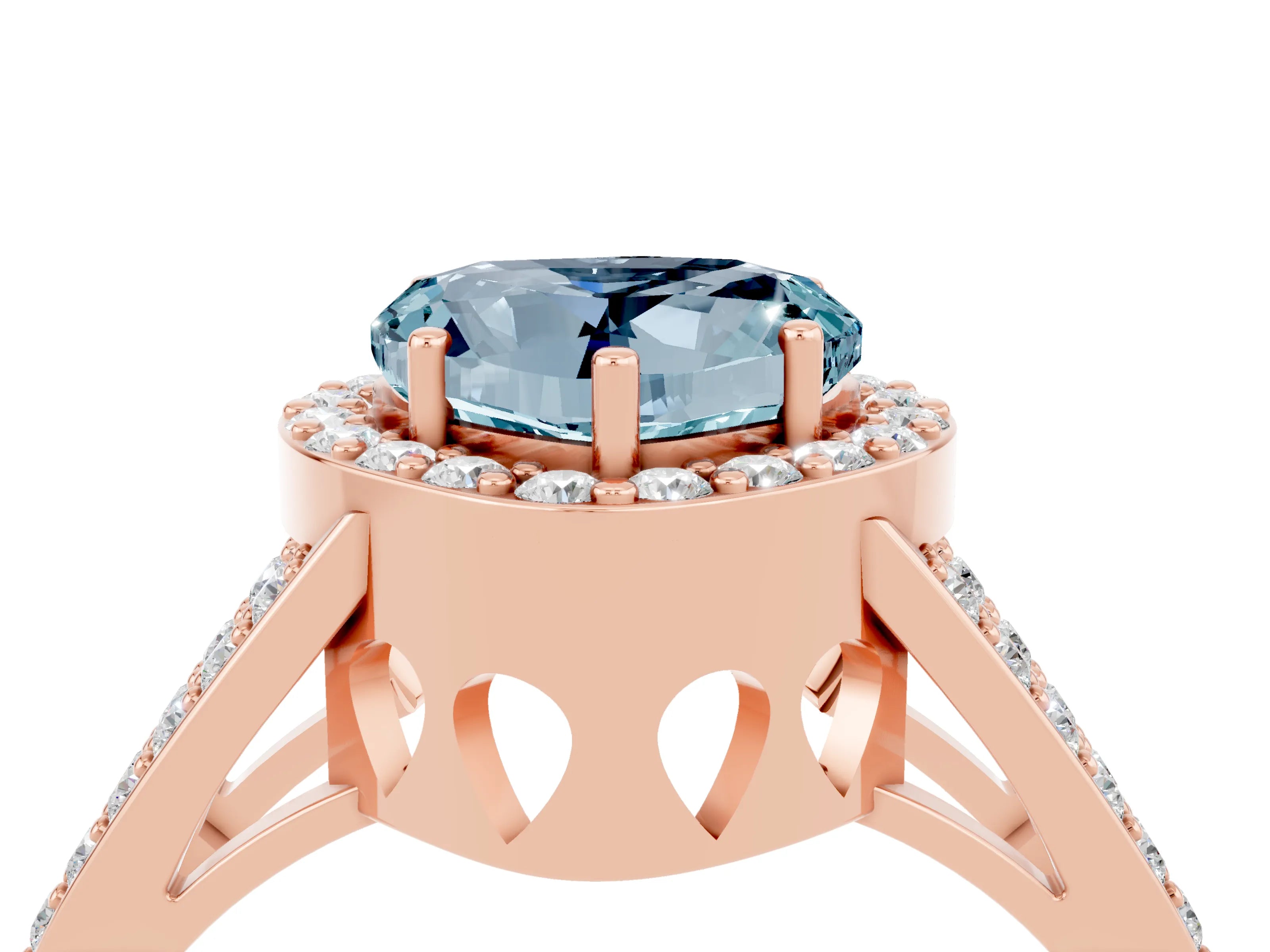 Rose gold Heart Cut Aquamarine Halo Ring with Split Shank U-Prong Band and Four-Prong Setting_4