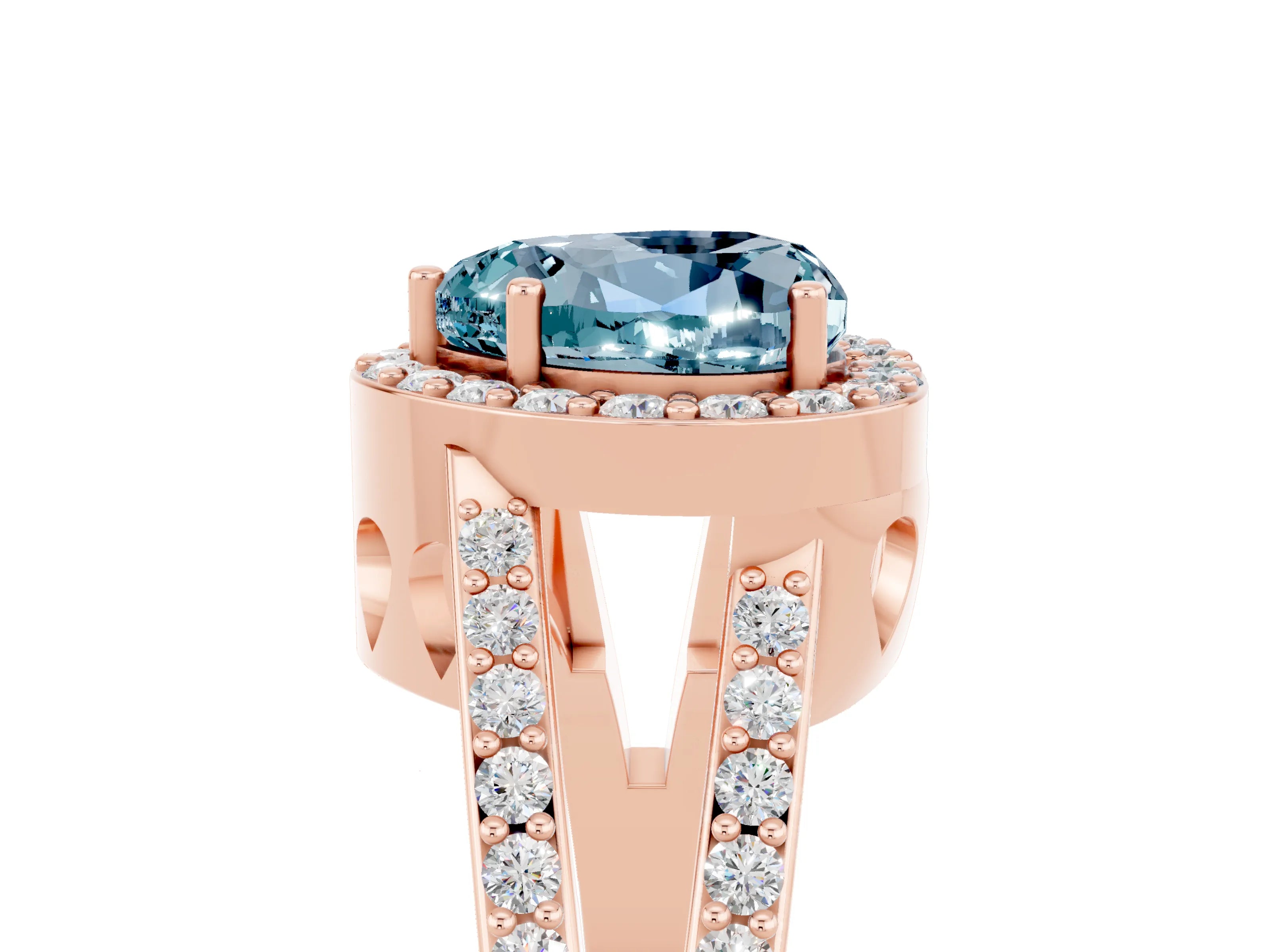 Rose gold Heart Cut Aquamarine Halo Ring with Split Shank U-Prong Band and Four-Prong Setting_5
