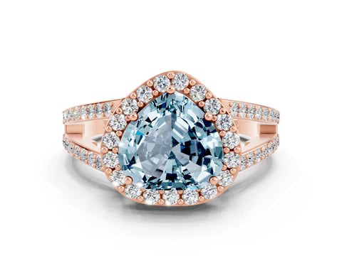 Rose gold Heart Cut Aquamarine Halo Ring with Split Shank U-Prong Band and Four-Prong Setting