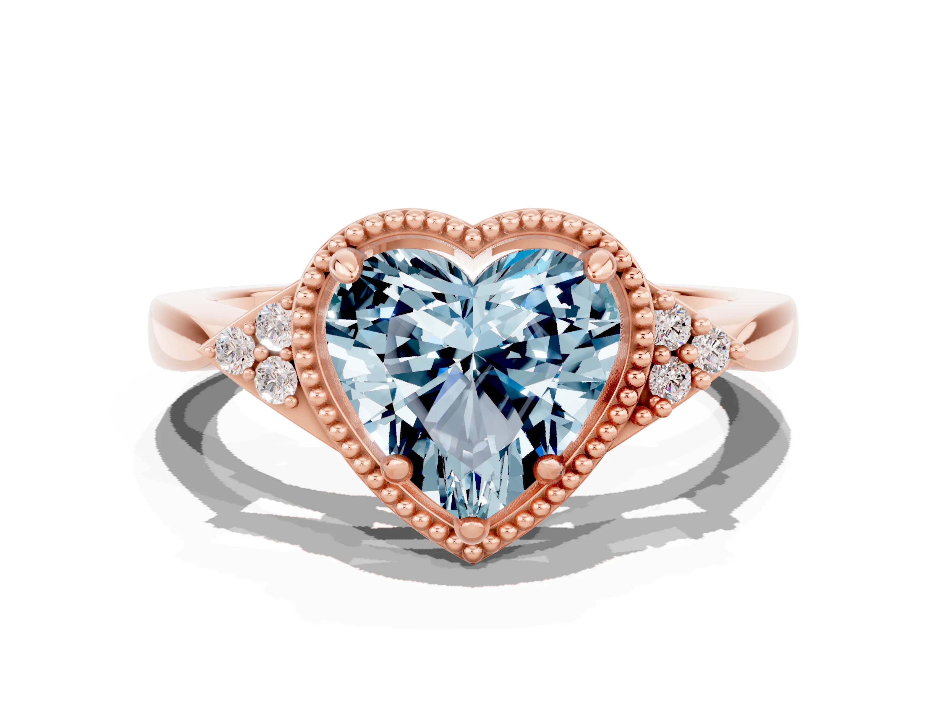 Rose gold Heart Cut Aquamarine Halo Ring with Tapered Band and Four-Prong Setting