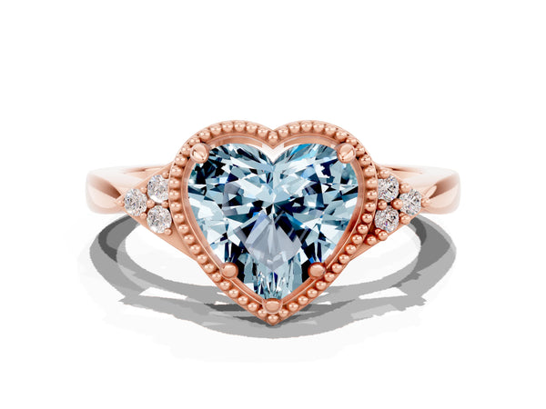 Rose gold Heart Cut Aquamarine Halo Ring with Tapered Band and Four-Prong Setting