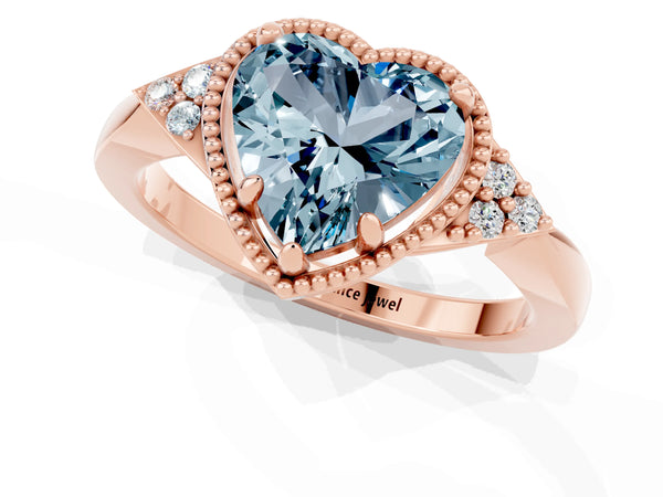 Rose gold Heart Cut Aquamarine Halo Ring with Tapered Band and Four-Prong Setting