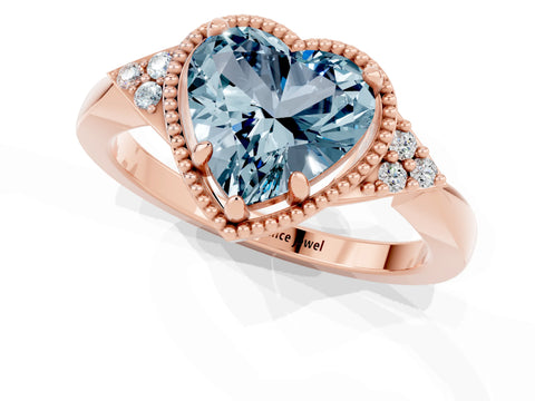 Rose gold Heart Cut Aquamarine Halo Ring with Tapered Band and Four-Prong Setting_1