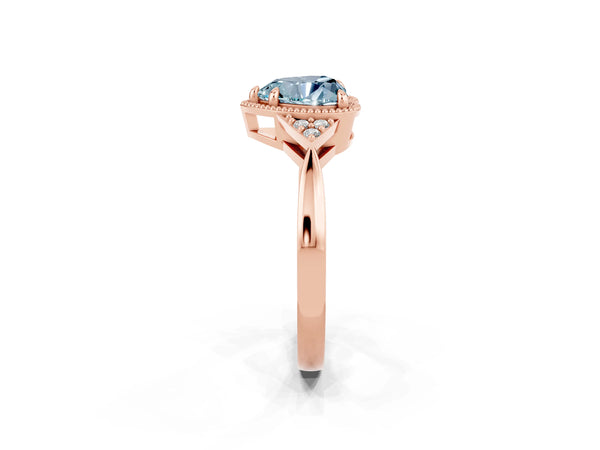 Rose gold Heart Cut Aquamarine Halo Ring with Tapered Band and Four-Prong Setting