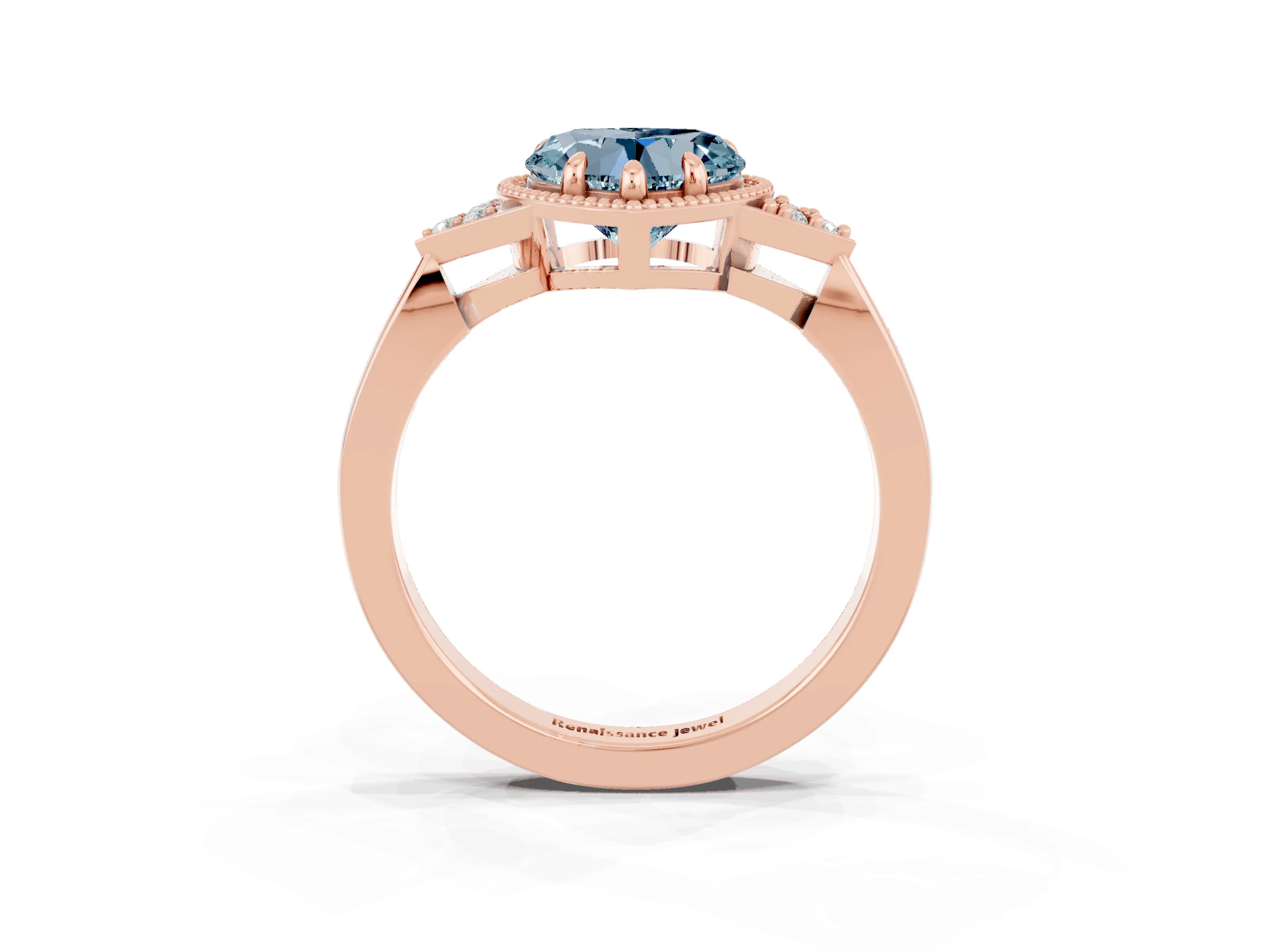 Rose gold Heart Cut Aquamarine Halo Ring with Tapered Band and Four-Prong Setting_3
