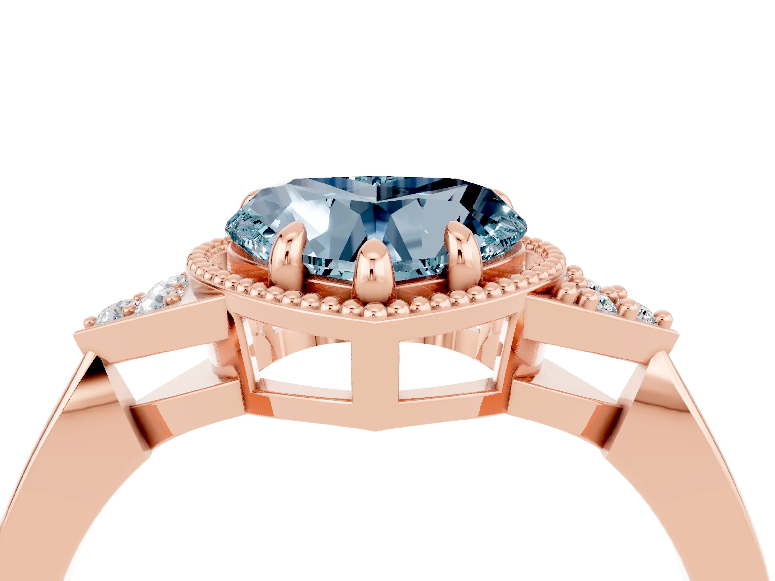 Rose gold Heart Cut Aquamarine Halo Ring with Tapered Band and Four-Prong Setting_4