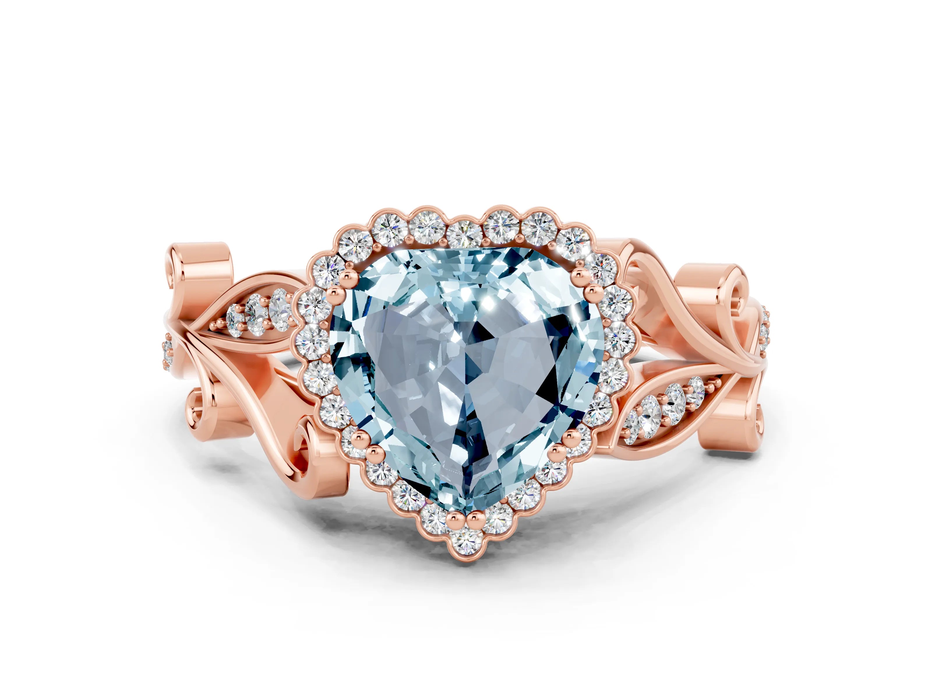 Rose gold Heart Cut Aquamarine Halo Ring with Vintage Split Shank and Four-Prong Setting