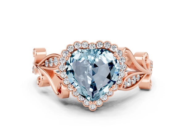 Rose gold Heart Cut Aquamarine Halo Ring with Vintage Split Shank and Four-Prong Setting