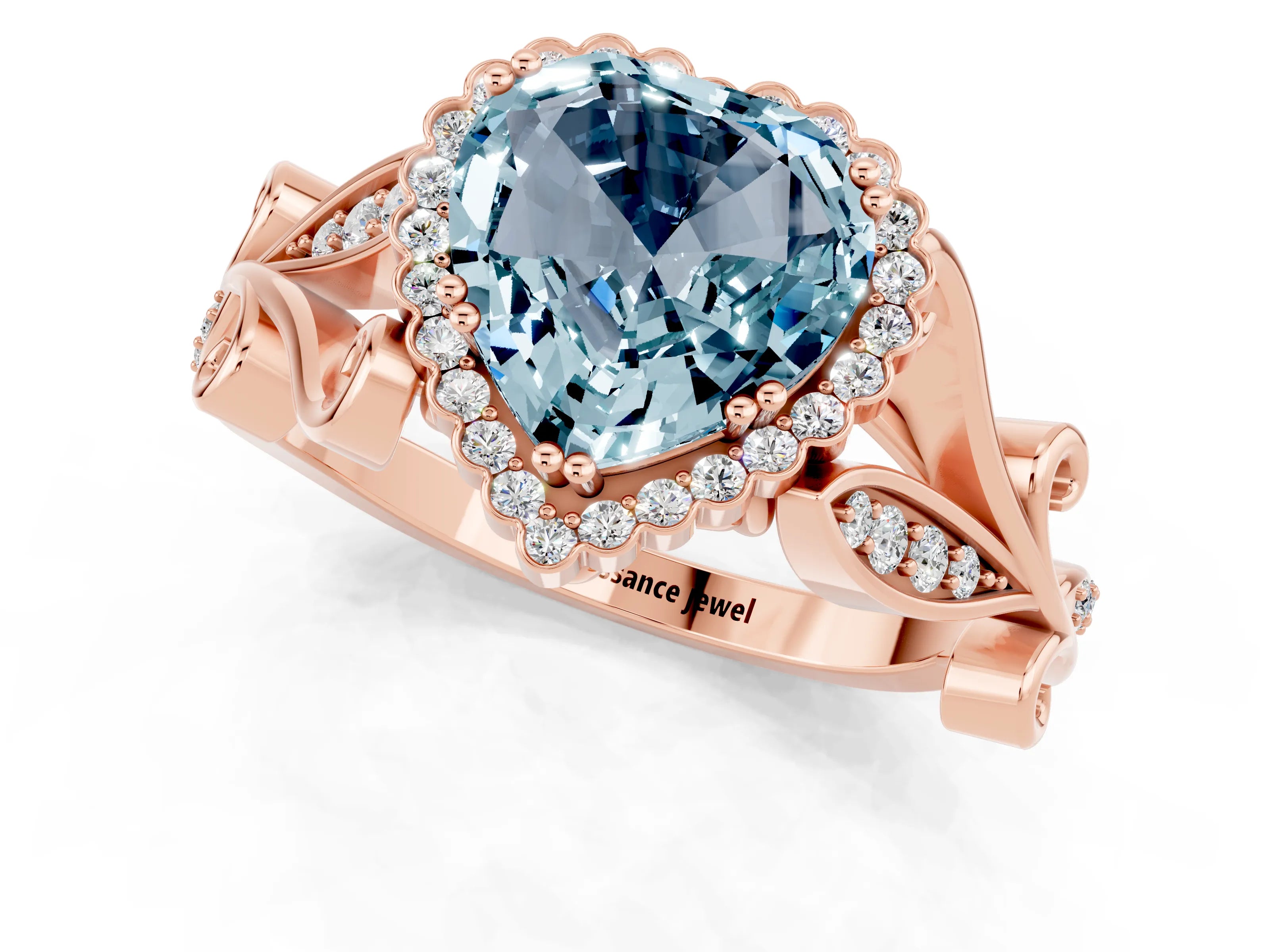 Rose gold Heart Cut Aquamarine Halo Ring with Vintage Split Shank and Four-Prong Setting_1